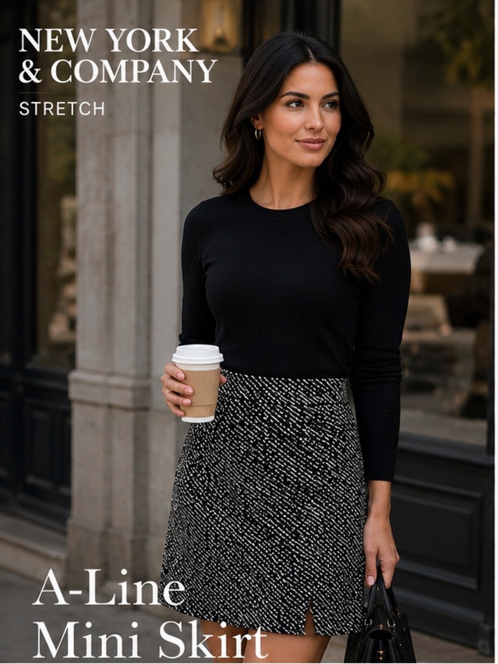 New York & Company Black White Textured A-Line Mini Skirt Size 12